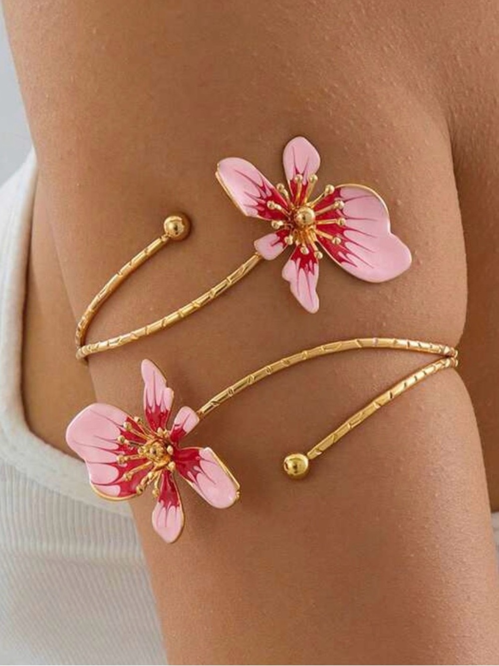 Gold Pink Floral Wrap Arm Cuff Bracelet